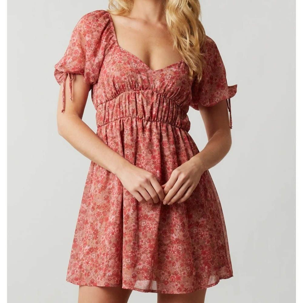 Vintage Y2K Pink Floral Smocked Empire Waist Mini Dress L Coquette Cottagecore